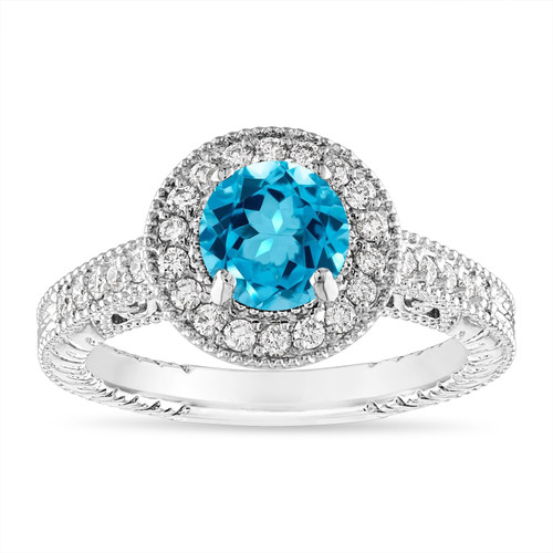 Blue Topaz and Diamond Halo Engagement Ring Unique Vintage 14K White ...