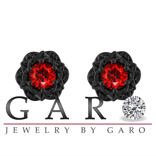 Fancy Red Diamonds Floral Earrings, Rose Flower Stud Earrings, 1.00 Carat  14K Black Gold Vintage Style