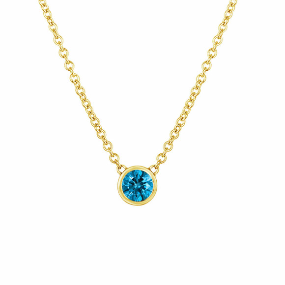 Blue Diamond Solitaire Pendant Necklace Low Bezel Set 0.25 Carat 14K Yellow or White Gold Certified Handmade 
