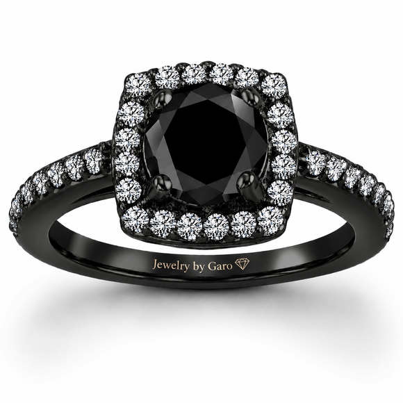 Black Diamond Halo Engagement Ring 1.41 Carat Vintage Style 14K Black Gold Unique Certified Handmade
