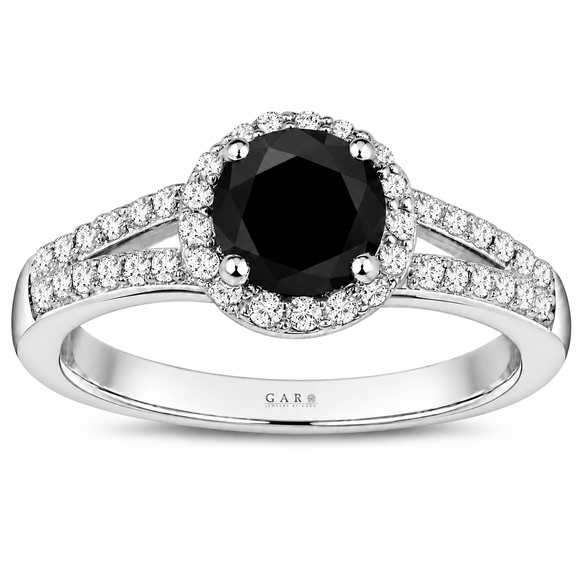 Black Diamond Halo Engagement Ring 1.41 Carat 14K White Gold Or Yellow Gold Certified Handmade 
