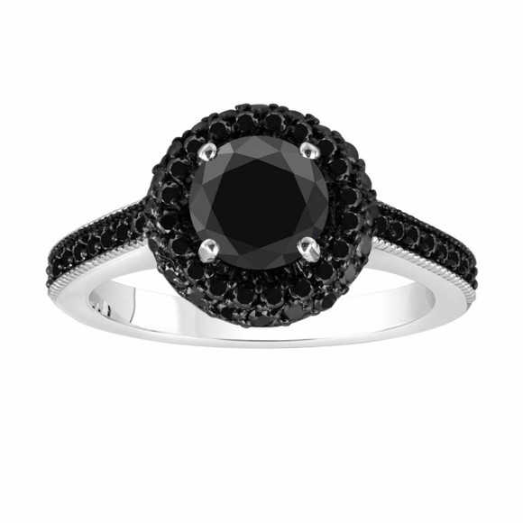 Black Diamond Double Halo Engagement Ring 14K White Gold 1.78 Carat Unique 
