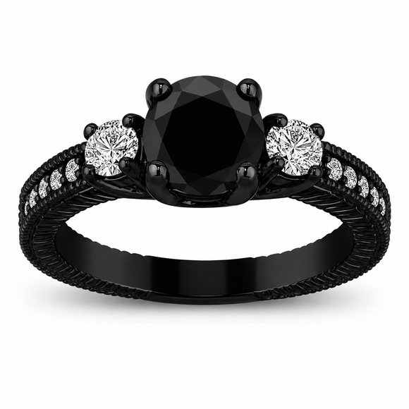 Black Diamond Three Stone Engagement Ring 1.42 Carat 14K Black Gold Vintage Style Handmade Certified 