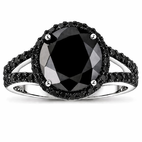 4.78 Carat Black Diamond Halo Engagement Ring 14K White Gold Certified Handmade
