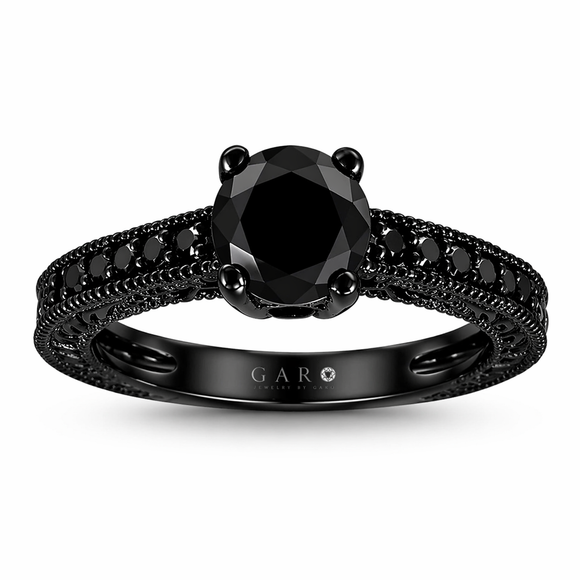Black Diamond Filigree Engagement Ring 1.37 Carat 14K Black Gold Certified Handmade