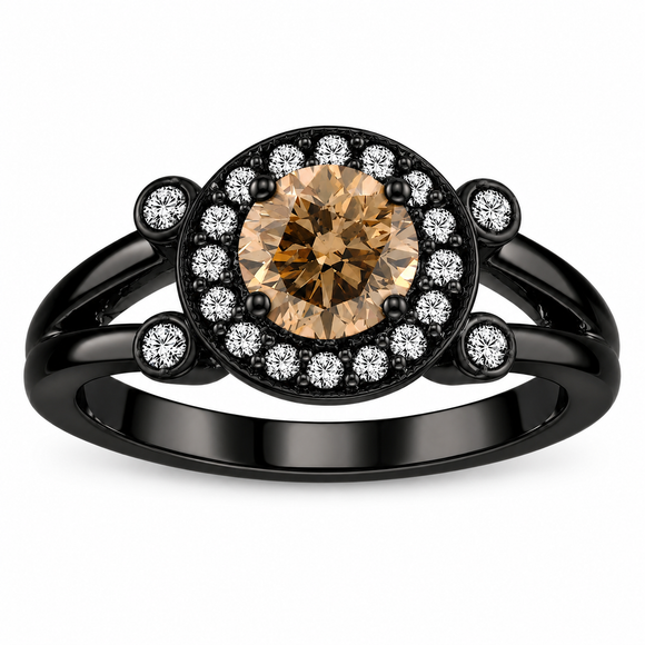 Champagne Diamond Halo Engagement Ring 1.03 Carat Vintage Style 14K Black Gold Unique Certified Handmade