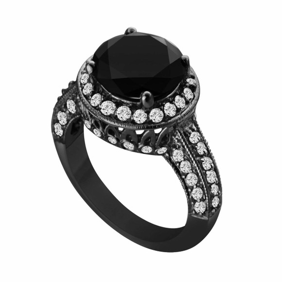Huge 5.18 Carat Black Diamond Engagement Ring Vintage Style 14K Black Gold Certified Handmade