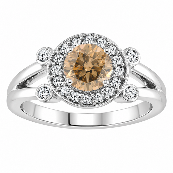 Champagne Brown Diamond Halo Engagement Ring 1.05 Carat 14K White Gold Unique Certified Handmade