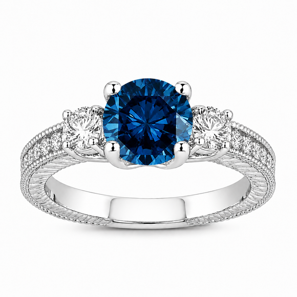 Blue Diamond Three Stone Engagement Ring Unique 1.58 Carat 14K White Gold Handmade Certified