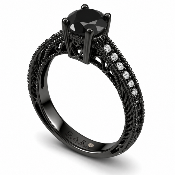 1.35 Carat Black Diamond Unique Engagement Ring Vintage Style Filigree Handmade 14K Black Gold Certified 