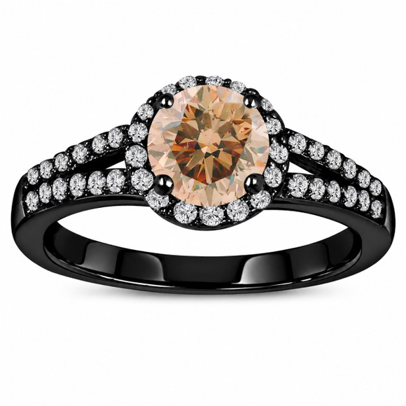 1.35 Carat Natural Champagne Diamond Halo Engagement Ring 14K Black Gold Vintage Style Split Shank Gallery Handmade