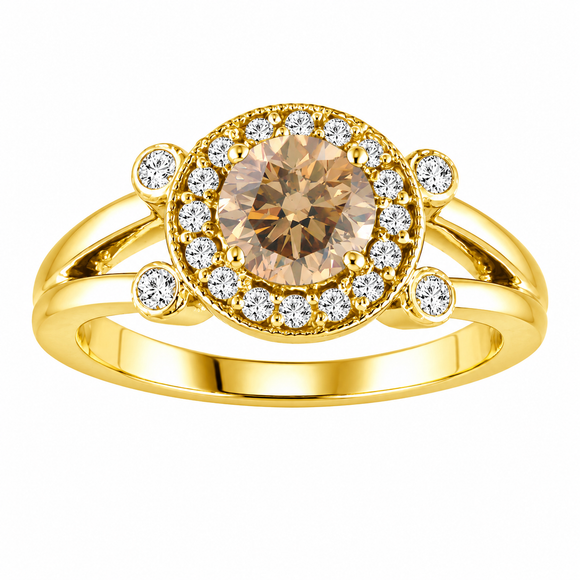 Natural Champagne Diamond Halo Engagement Ring 14K Yellow Gold 1.03 Carat Unique Certified Handmade