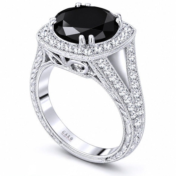 Black Diamond Hand Engraved Halo Engagement Ring Unique Vintage Style Filigree 4.02 Carat 14k White Gold Handmade Certified 
