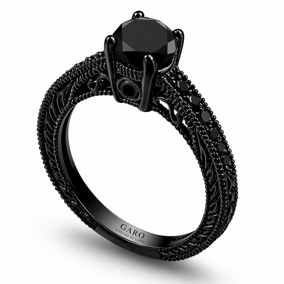 Black Diamond Unique Engagement Ring Vintage Style Engraved 14K Black Gold 1.35 Carat Certified Handmade