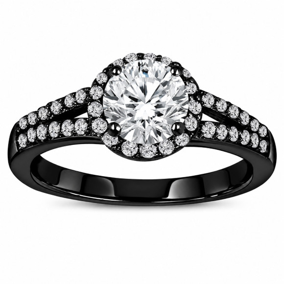 1.03 Carat Natural Diamond Halo Engagement Ring Filigree Gallery 14K Black Gold Vintage Style GIA Certified Handmade