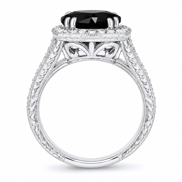 Platinum Black Diamond Halo Engagement Ring Antique Style Hand Engraved 3.92 Carat Handmade Unique