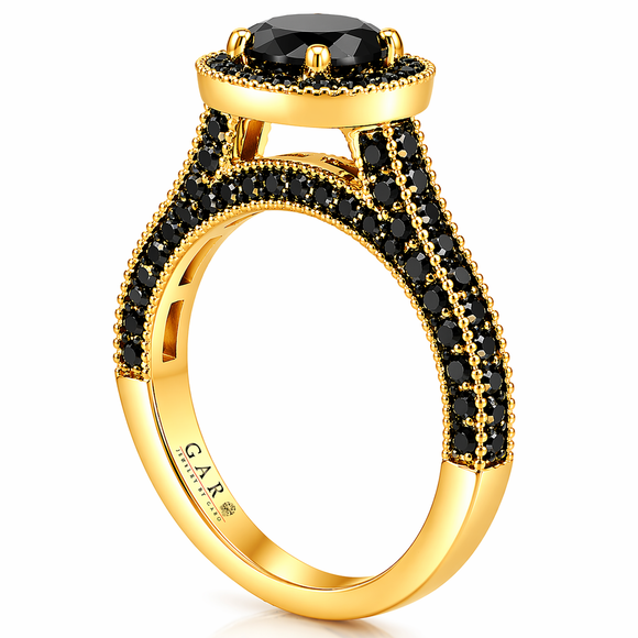 2.00 Carat Black Diamonds Halo Engagement Ring 14K Yellow Gold Certified Handmade