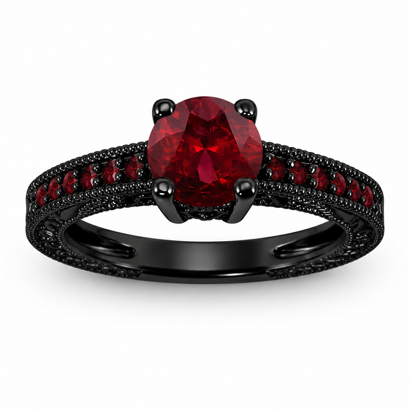 Garnet Engagement Ring Vintage Filigree 1.15 Carat 14K Black Gold Unique Handmade Birthstone Ring