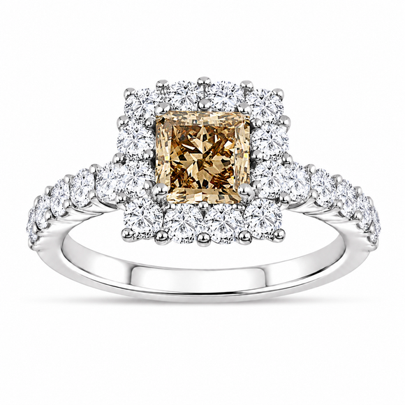 2.16 Carat Princess Cut Champagne Diamond Engagement Ring 14K White Gold Unique Handmade 