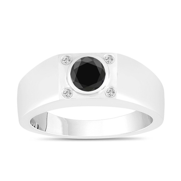 Black and White Diamond Solitaire Mens Ring 0.55 Carat 14K White Gold Handmade