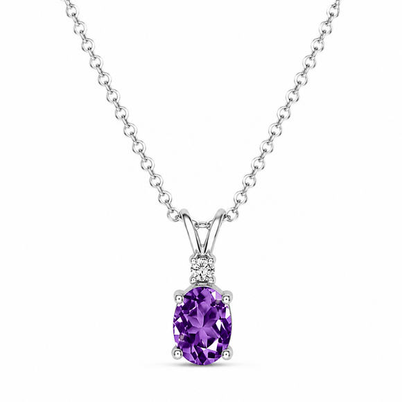 Oval Amethyst & Diamond Solitaire Pendant Necklace 14K White Gold 1.08 Carat Handmade