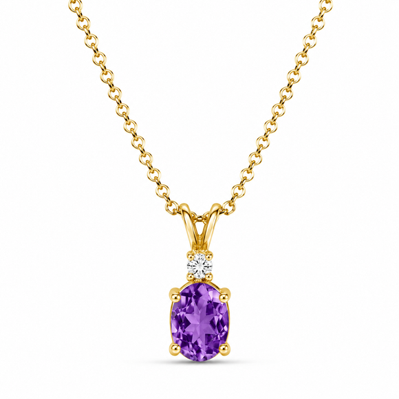Oval Amethyst & Diamond Solitaire Pendant Necklace 14K Yellow Gold 1.08 Carat HandMade