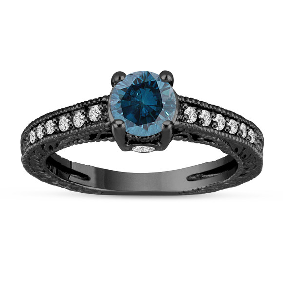Blue Diamond Engagement Ring 14K Black Gold Vintage Unique Antique Style Engraved 1.20 Carat Certified HandMade

