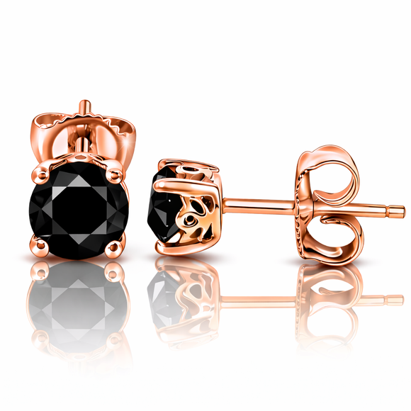 1.00 Carat Black Diamond Stud Earrings 14K Rose Gold Certified Handmade