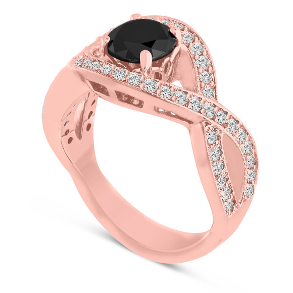 1.52 Carat Black Diamond Twisted Engagement Ring 14K Rose Gold Unique Handmade Certified