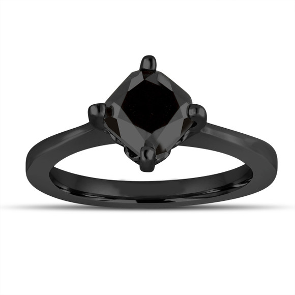 Cushion Cut Black Diamond Solitaire Engagement Ring 14K Black Gold Vintage Style 1.55 Carat Unique Gallery Design handmade