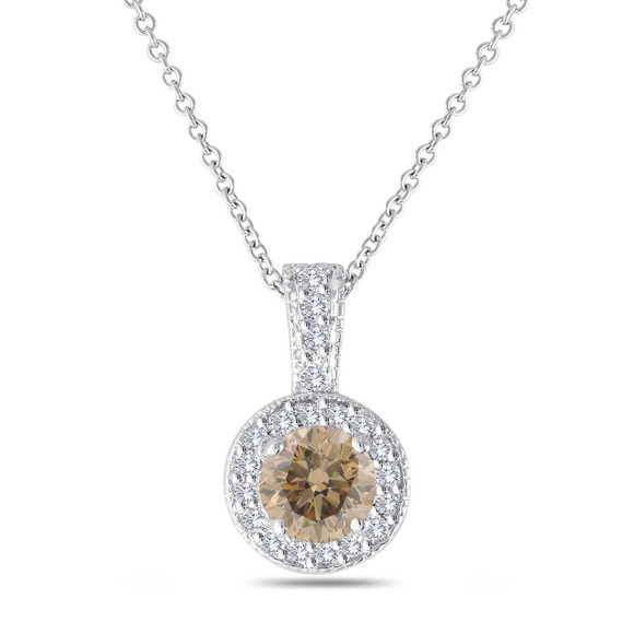 Champagne Diamond Pendant Necklace, Brown Diamond Pendant, Halo Pendant Necklace, 14K White Gold 1.23 Carat Pave Handmade Champagne Diamond Pendant Necklace, Brown Diamond Pendant, Halo Pendant Necklace, 14K White Gold 1.23 Carat Pave Handmade