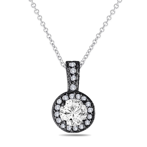 Diamond Halo Pendant Necklace 1.23 Carat GIA Certified 14K Black Gold Vintage Style Handmade Diamond Halo Pendant Necklace 1.23 Carat GIA Certified 14K Black Gold Vintage Style Handmade