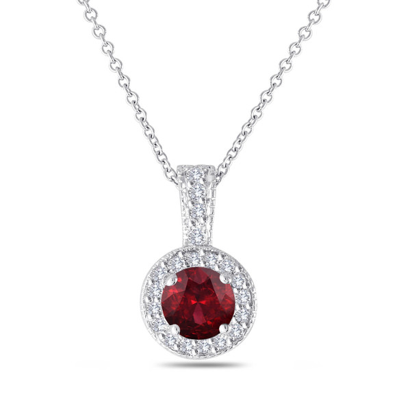 Red Garnet And Diamonds Pendant Necklace 14K White Gold 1.23 Carat Halo Pave Handmade Red Garnet And Diamonds Pendant Necklace 14K White Gold 1.23 Carat Halo Pave Handmade
