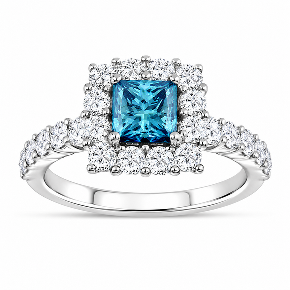 2.24 Carat Princess Cut Blue Diamond Engagement Ring 14K White Gold Handmade