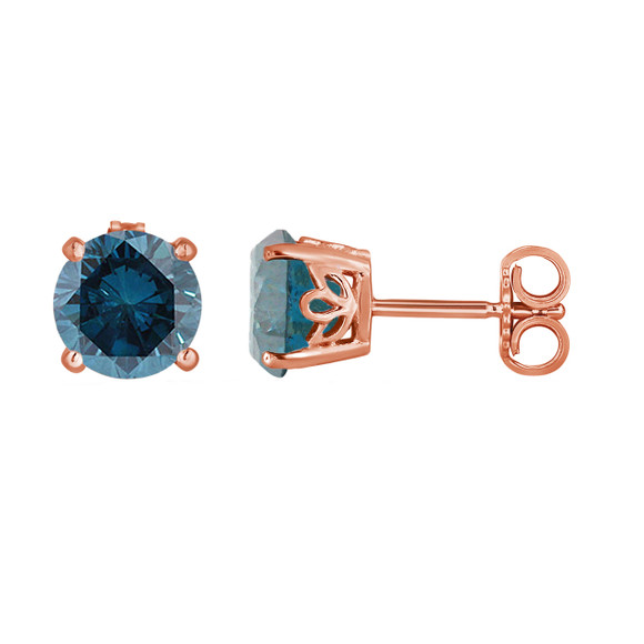 Fancy Blue Diamond Stud Earrings 2.00 Carat 14K Rose Gold Gallery Design Handmade Certified
