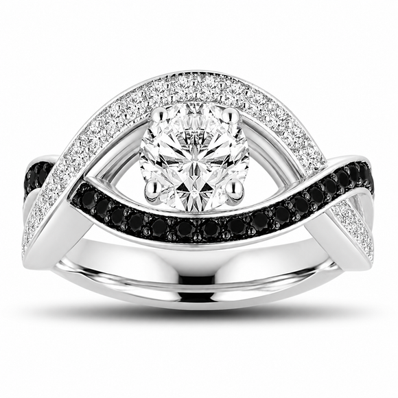 GIA Certified Black and White Diamonds Twisted Engagement Ring 1.53 Carat 14k White Gold Unique Handmade