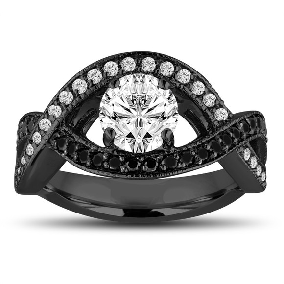 Natural Diamond Twisted Engagement Ring 14K Black Gold Vintage Style Unique Handmade