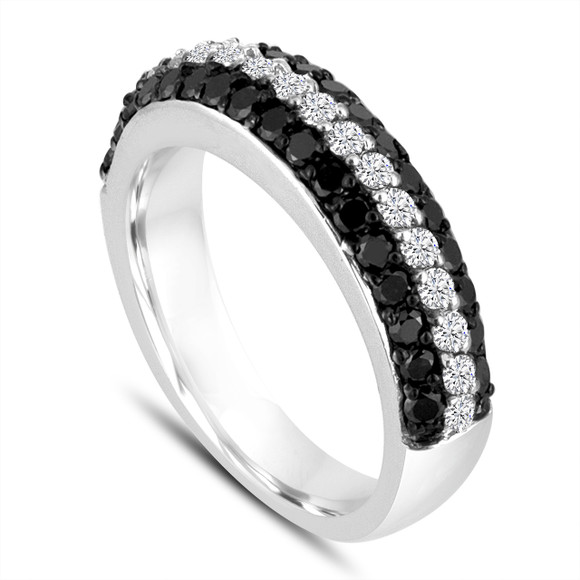  Black & White Diamonds Wedding Band 14k White Gold Half Eternity 3 Rows Pave Unique 0.84 Carat