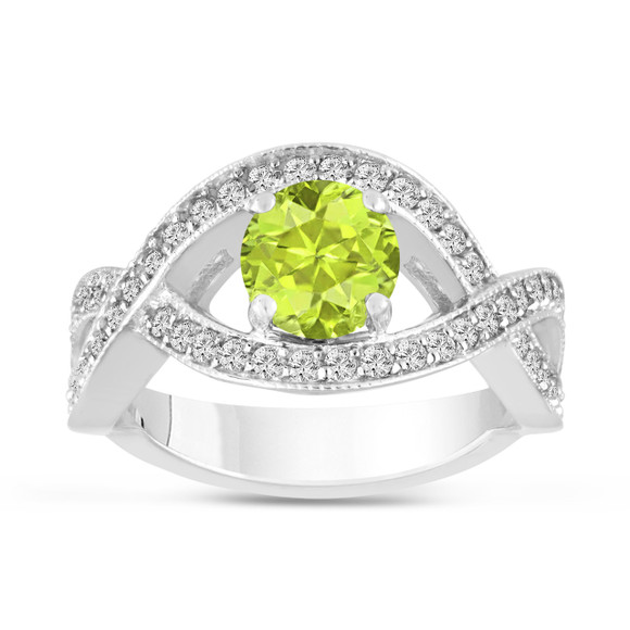 1.52 Carat Peridot Twisted Engagement Ring 14K White Gold Certified Handmade