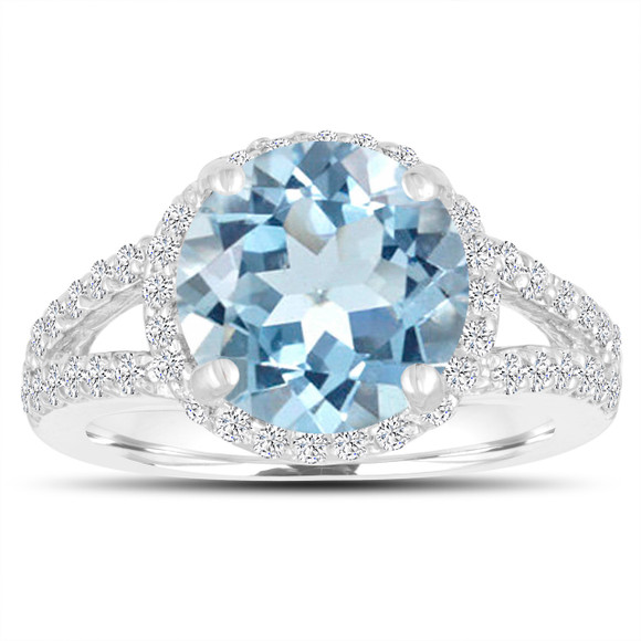 3.58 Carat Aquamarine Halo Engagement Ring 14K White Gold Split Shank Handmade Certified