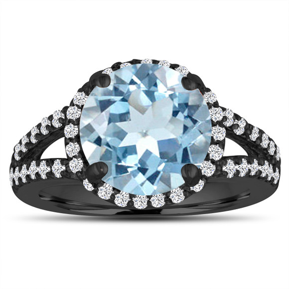 Aquamarine Engagement Ring 3.58 Carat 14K Black Gold Vintage Style Halo Split Shank Handmade Certified
