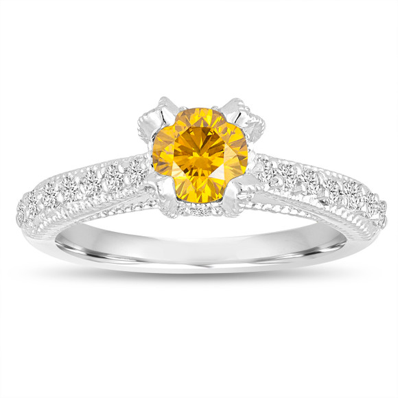 Yellow Diamond Engagement Ring 0.80 Carat 14K White Gold Unique Handmade Certified
