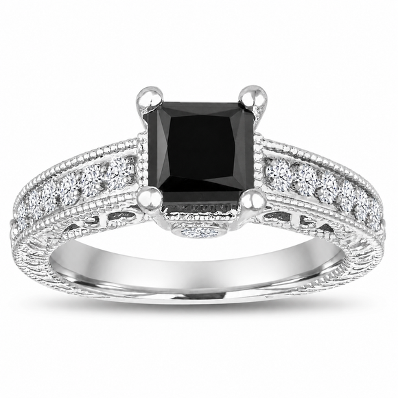Princess Cut Black Diamond Engagement Ring 1.65 Carat Unique Vintage Style 14K White Gold Handmade Certified