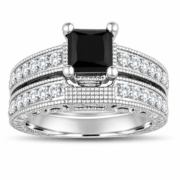 1.81 Carat Princess Cut Black Diamond Filigree Engagement Ring and Wedding Band Set 14K White Gold, Yellow Gold Or Rose Gold Unique Certified Handmade