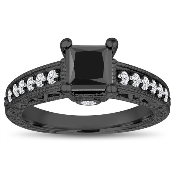 1.65 Carat Princess Cut Black Diamond Engagement Ring 14k Black Gold Unique Vintage Antique Style Certified Handmade
