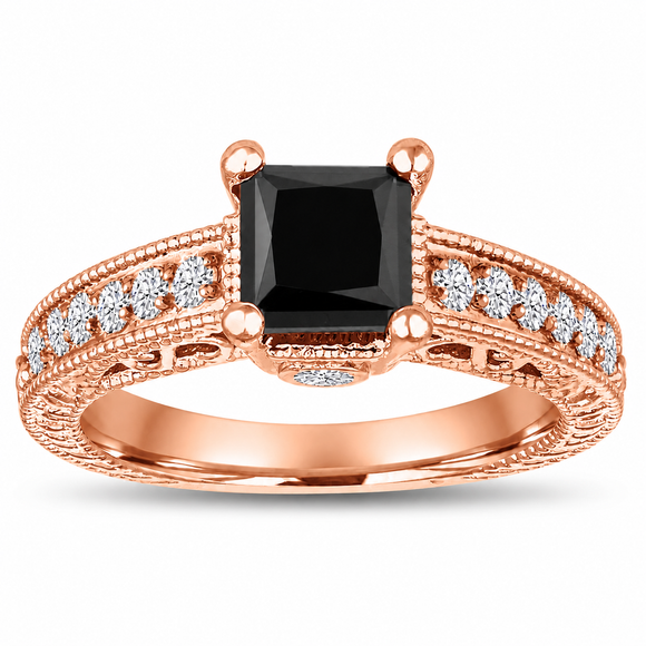 Unique Princess Cut Black Diamond Filigree Engagement Ring 1.65 Carat 14K Rose Gold Handmade Certified