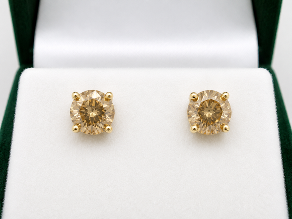 1.02 Carat Fancy Champagne Brown Diamond Stud Earrings 14K Yellow Gold Handmade