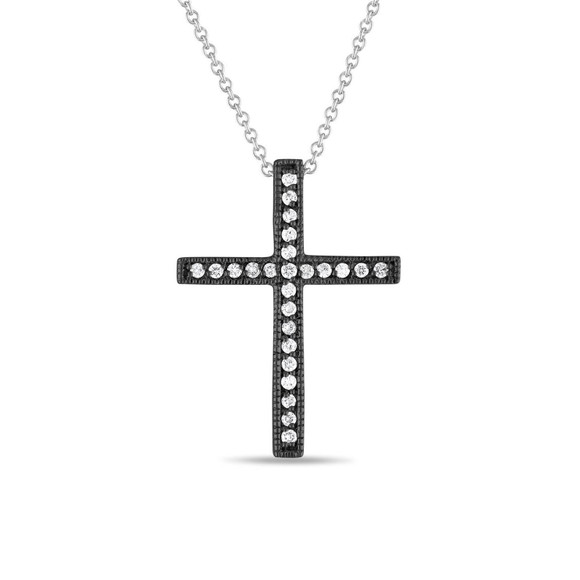 Vintage Diamond Cross Pendant Necklace 0.25 Carat 14K Black Gold Pave Handmade
