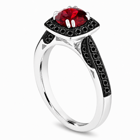 Platinum Garnet and Black Diamond Engagement Ring 1.46 Carat Halo Handmade Certified