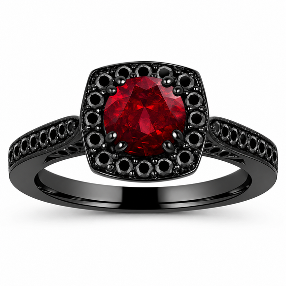 Vintage Garnet Halo Engagement Ring 1.46 Carat 14K Black Gold Handmade Certified